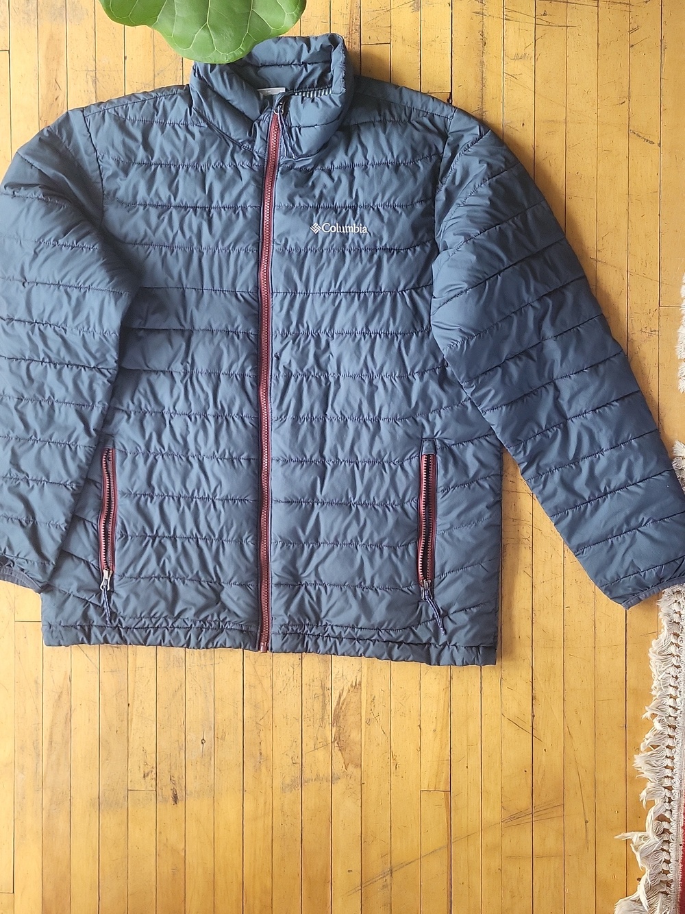 Columbia Men's Quilted Puffer Jacket - Slate Gray-Blue with Burgundy Zipper